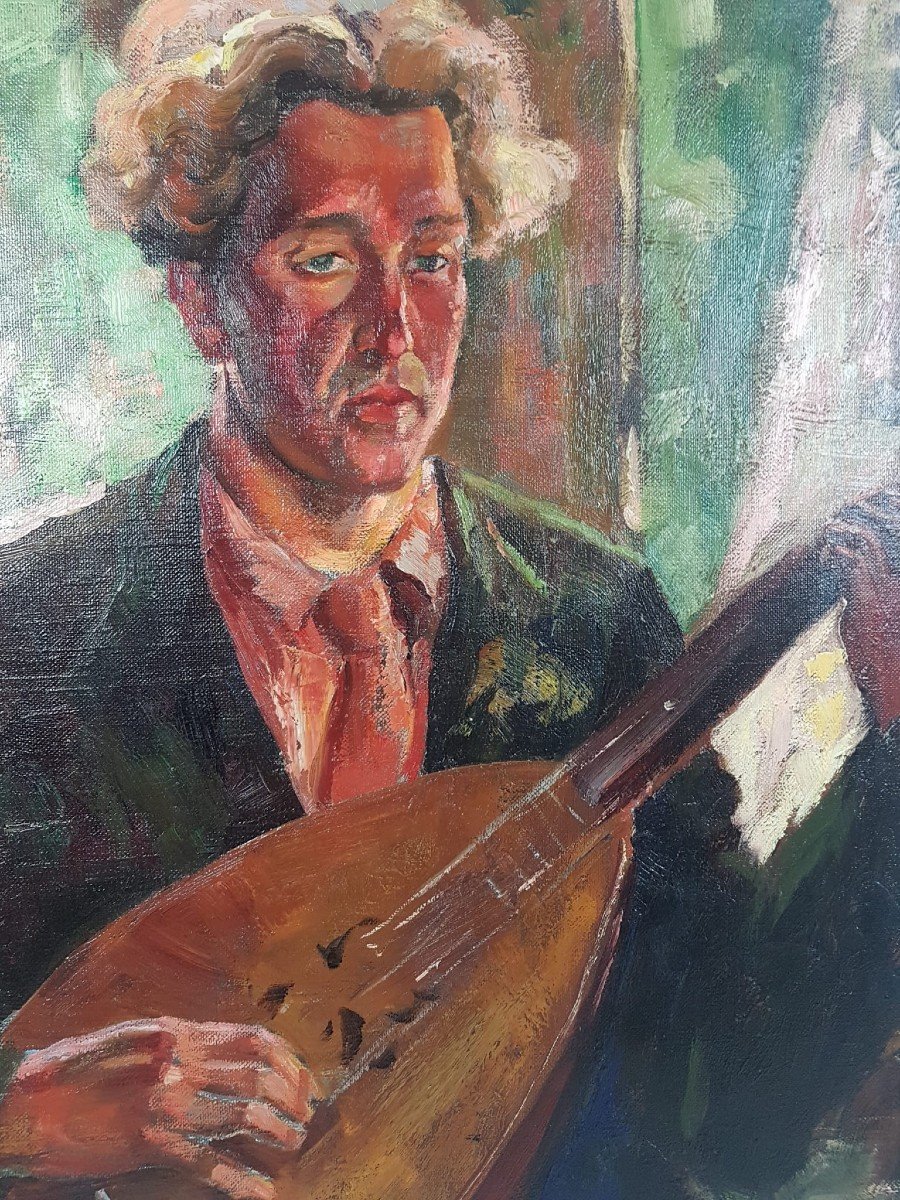 Lucien Hock, école Belge (1899 - 1972), Huile Sur Toile "guitariste"-photo-1