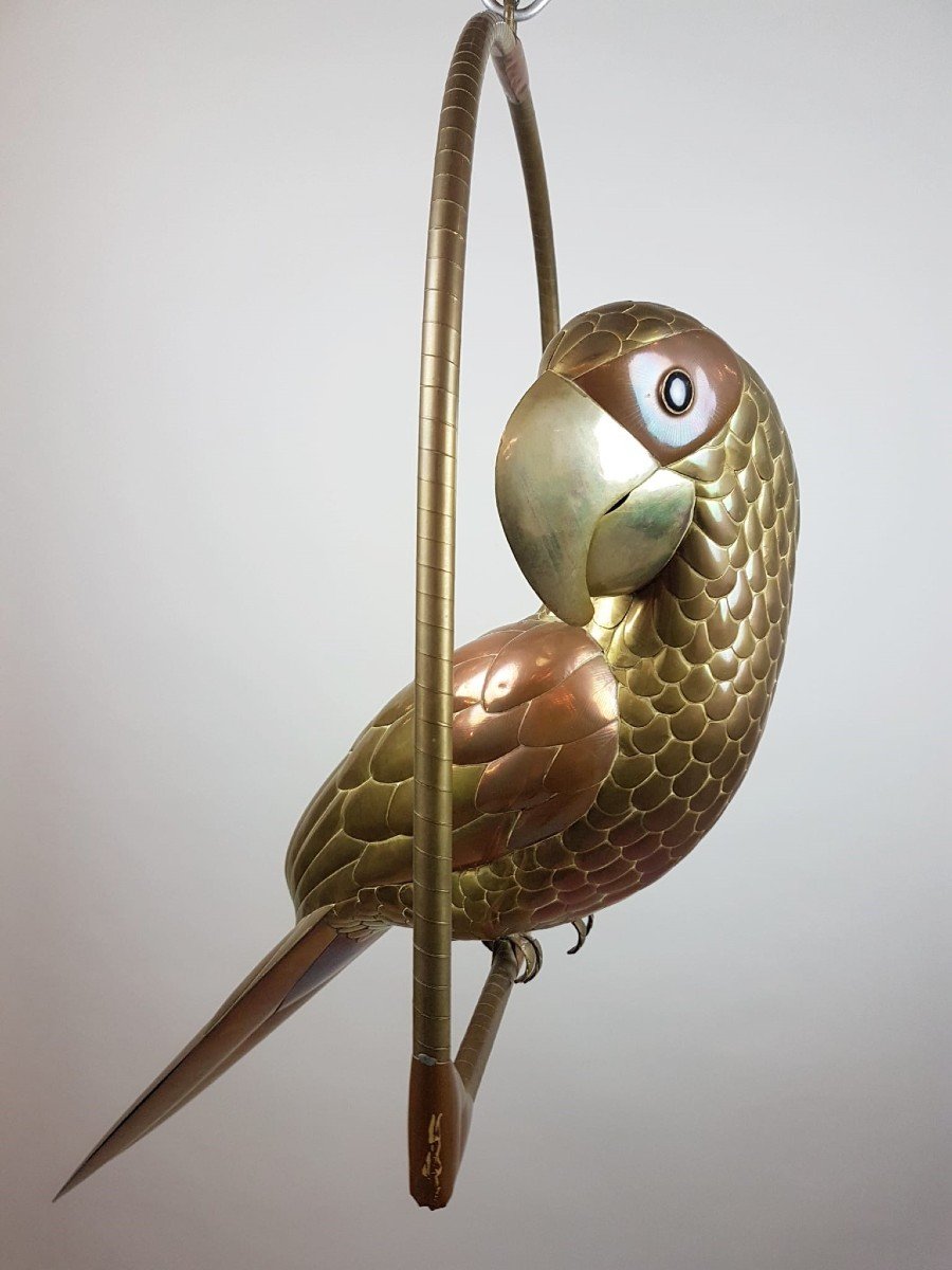 Bustamante Sergio, Large Parrot In Copper And Brass, Circa 1970-photo-2