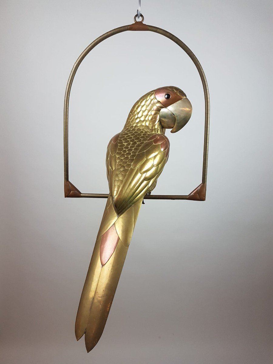 Bustamante Sergio, Large Parrot In Copper And Brass, Circa 1970-photo-1