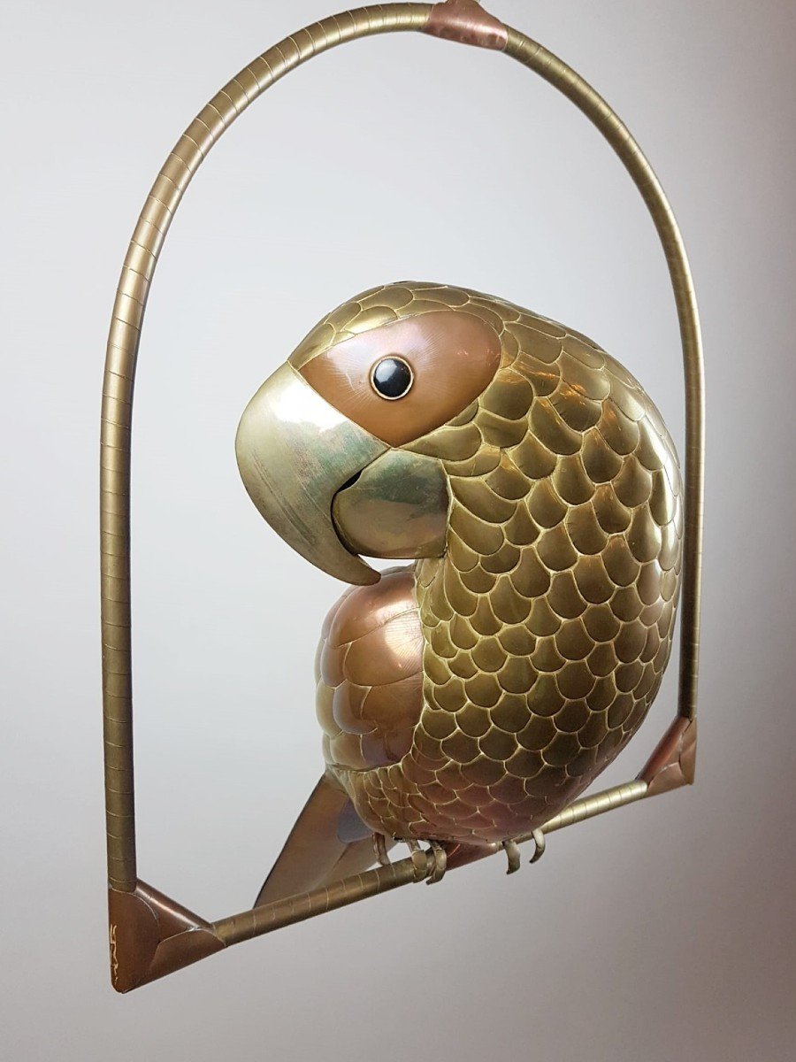 Bustamante Sergio, Large Parrot In Copper And Brass, Circa 1970-photo-4