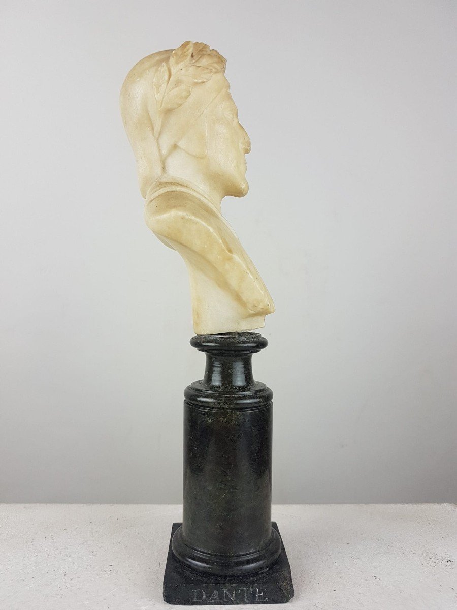 Bust Of Dante In Alabaster And Base In Green Porphyry, 19th-photo-4