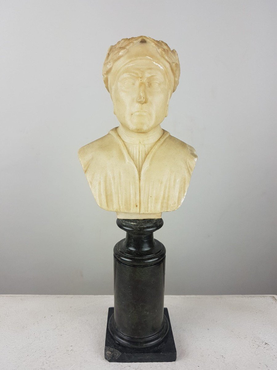 Bust Of Dante In Alabaster And Base In Green Porphyry, 19th