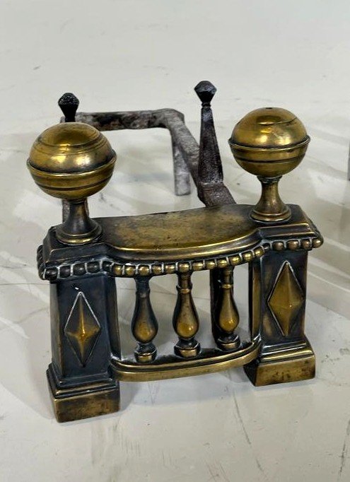 Pair Of Wrought Iron And Brass Andirons-photo-2