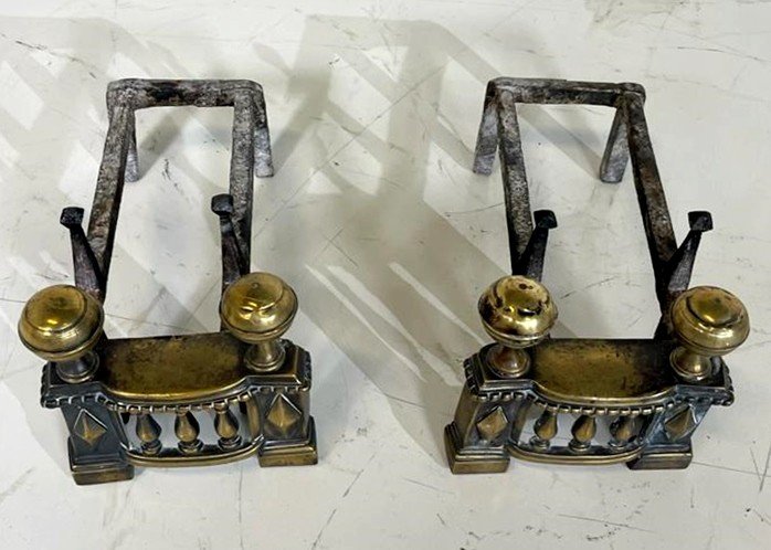 Pair Of Wrought Iron And Brass Andirons-photo-3