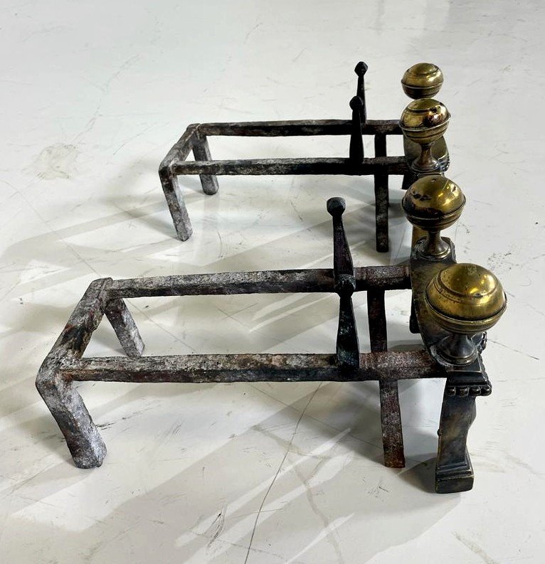 Pair Of Wrought Iron And Brass Andirons-photo-4