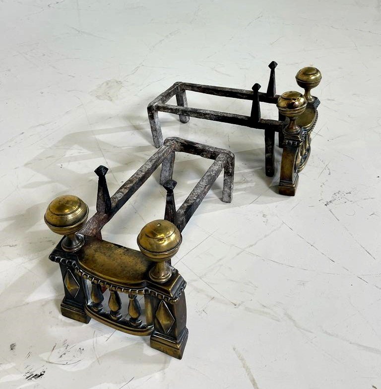 Pair Of Wrought Iron And Brass Andirons-photo-1