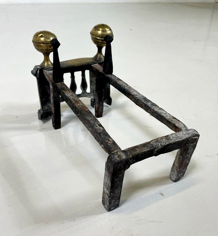 Pair Of Wrought Iron And Brass Andirons-photo-3