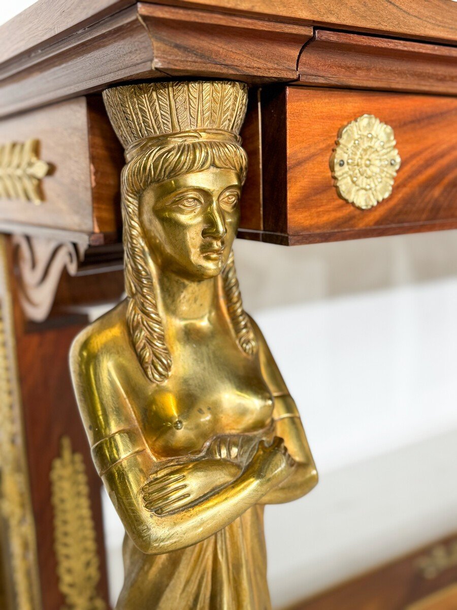 Empire Style Double-sided Desk In Mahogany And Gilt Bronze, Stamped Jansen, Early 20th-photo-3