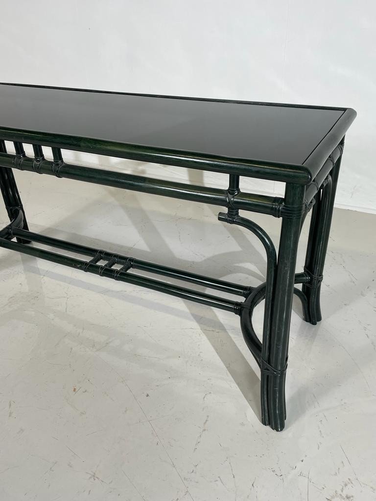 Bamboo Style Console In Green Lacquered Wood And Black Glass Shelf-photo-3