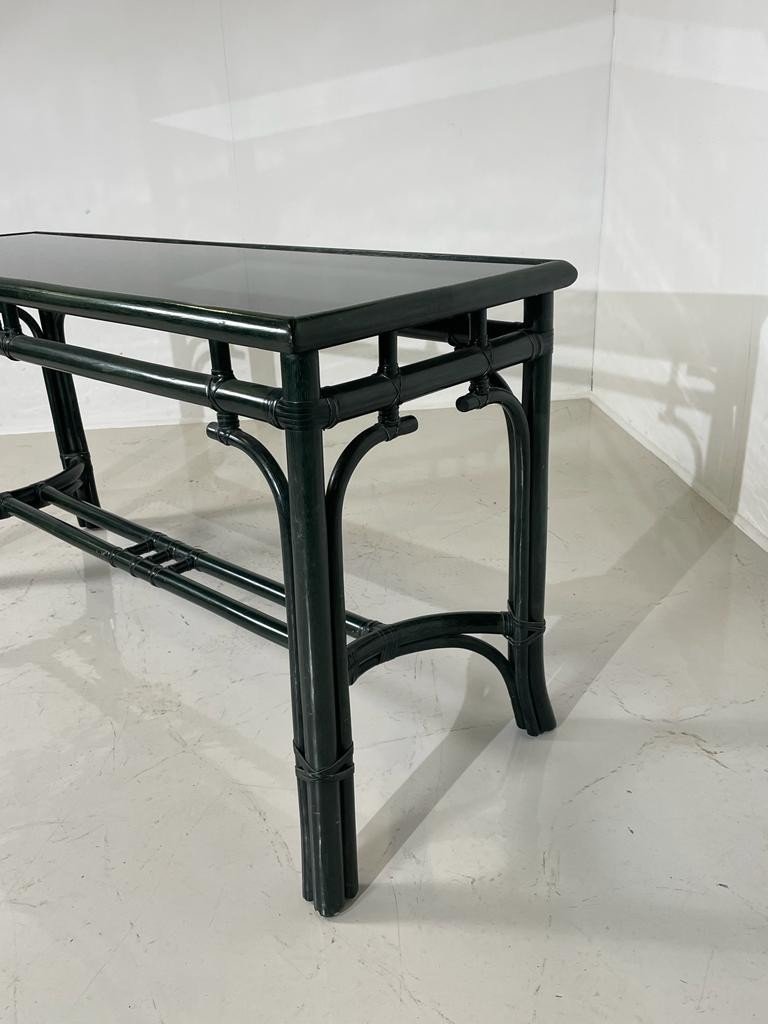 Bamboo Style Console In Green Lacquered Wood And Black Glass Shelf-photo-4