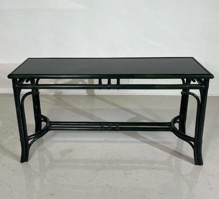 Bamboo Style Console In Green Lacquered Wood And Black Glass Shelf