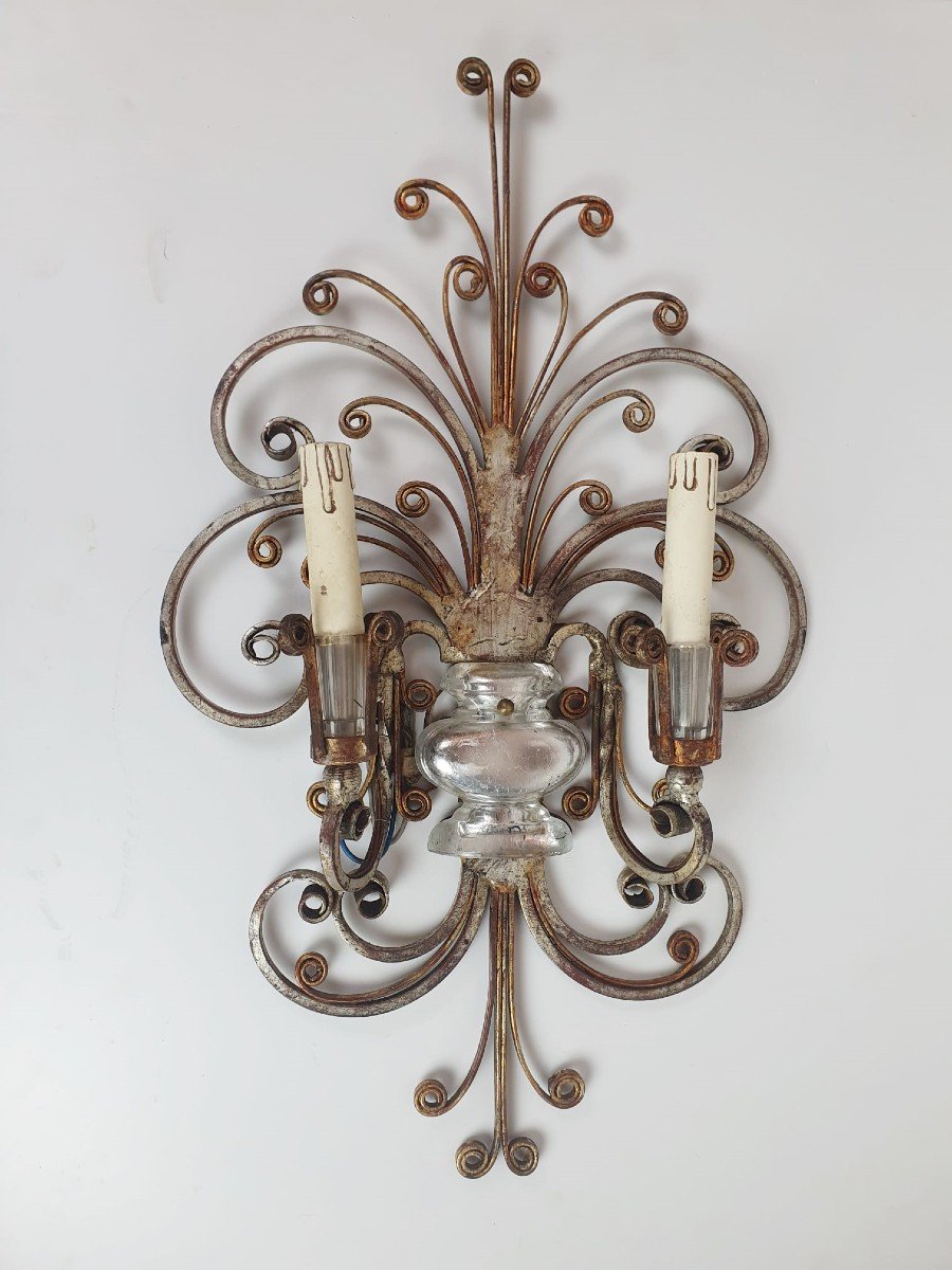 Banchi, Pair Of Silver Wrought Iron And Glass Sconces-photo-4