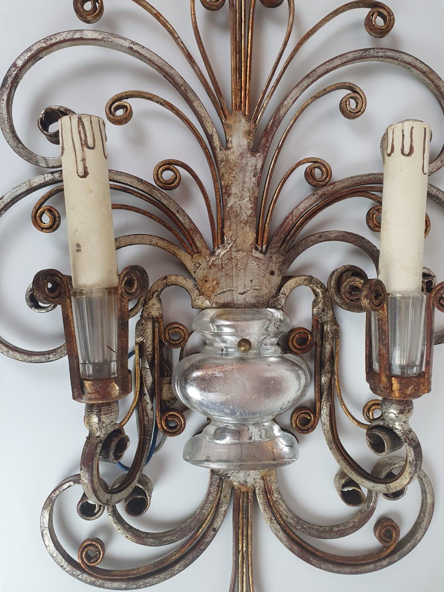 Banchi, Pair Of Silver Wrought Iron And Glass Sconces-photo-1