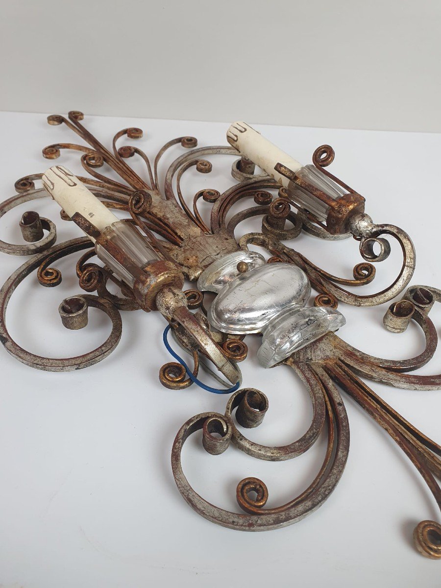 Banchi, Pair Of Silver Wrought Iron And Glass Sconces-photo-4