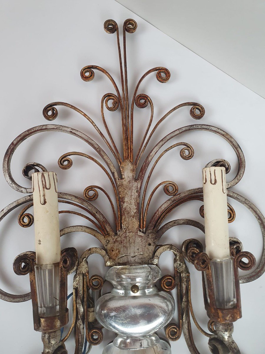 Banchi, Pair Of Silver Wrought Iron And Glass Sconces-photo-6