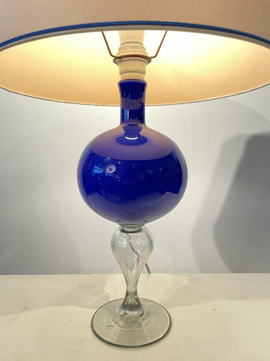 Blue Murano Glass Lamp And Translucent White Glass Base Circa 1960-photo-3