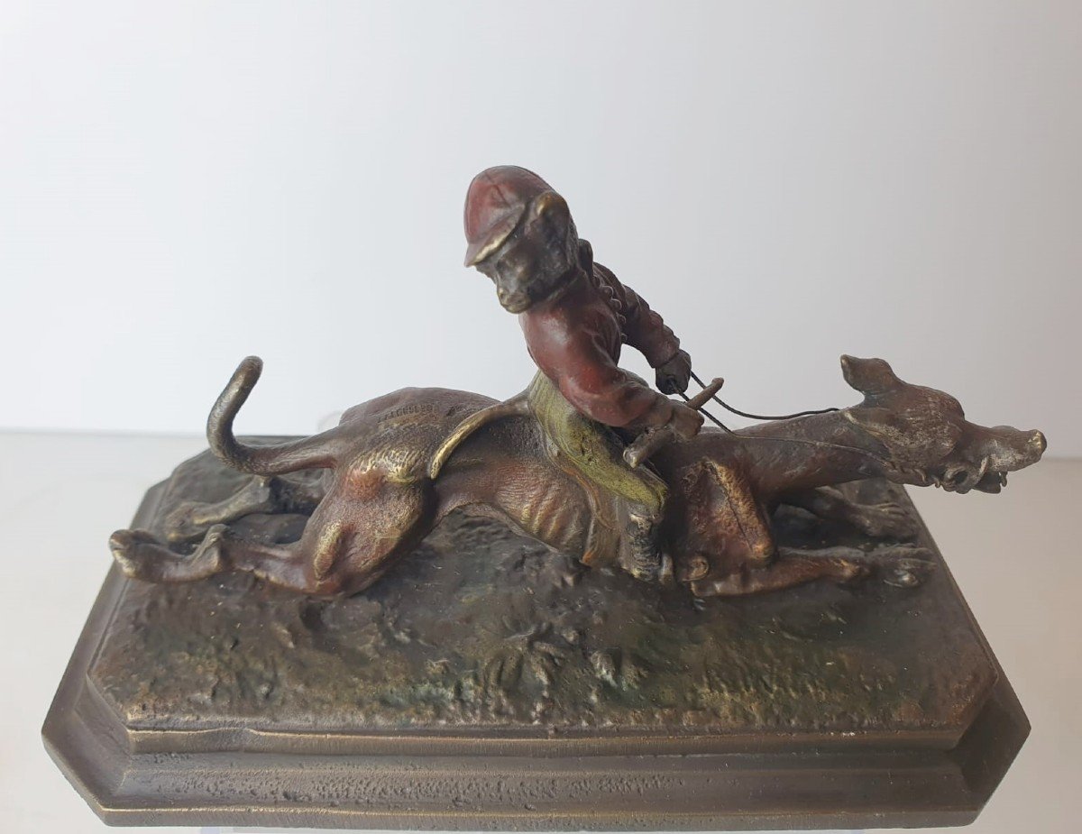 "monkey With Greyhound" Polychrome Bronze, 19th-photo-3