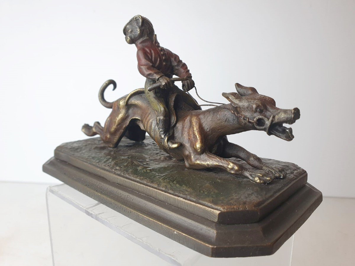 "monkey With Greyhound" Polychrome Bronze, 19th-photo-4