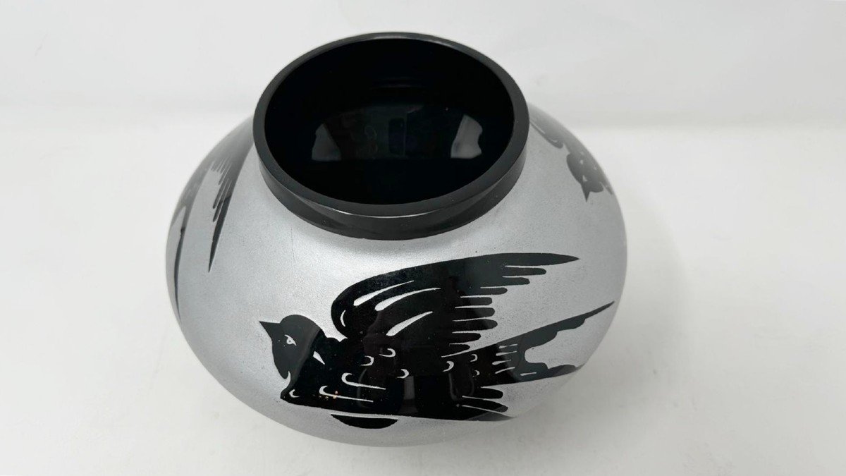 Ardver, Vase With Swallows, Sand-cleared Hyalite Glass, Boom Circa 1930-photo-2