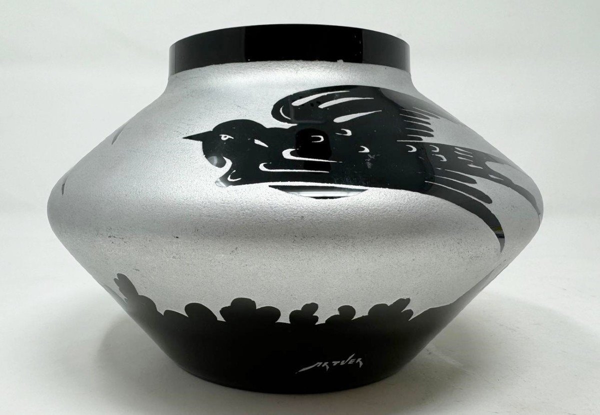 Ardver, Vase With Swallows, Sand-cleared Hyalite Glass, Boom Circa 1930-photo-4