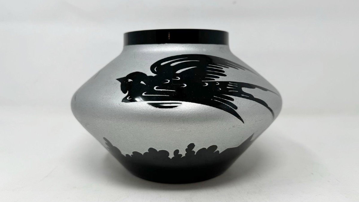 Ardver, Vase With Swallows, Sand-cleared Hyalite Glass, Boom Circa 1930