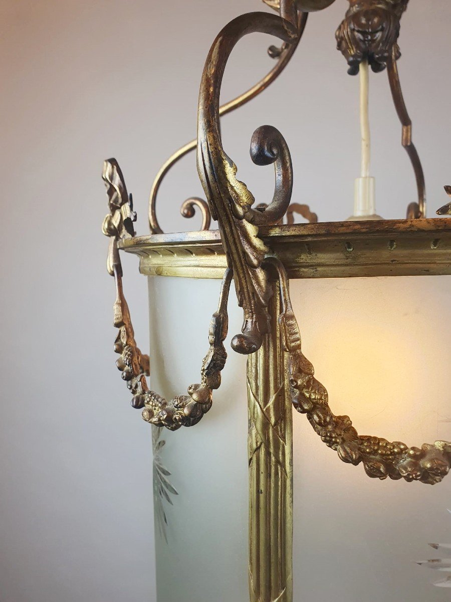 Louis XVI Style Hall Lantern In Bronze And Brass-photo-4