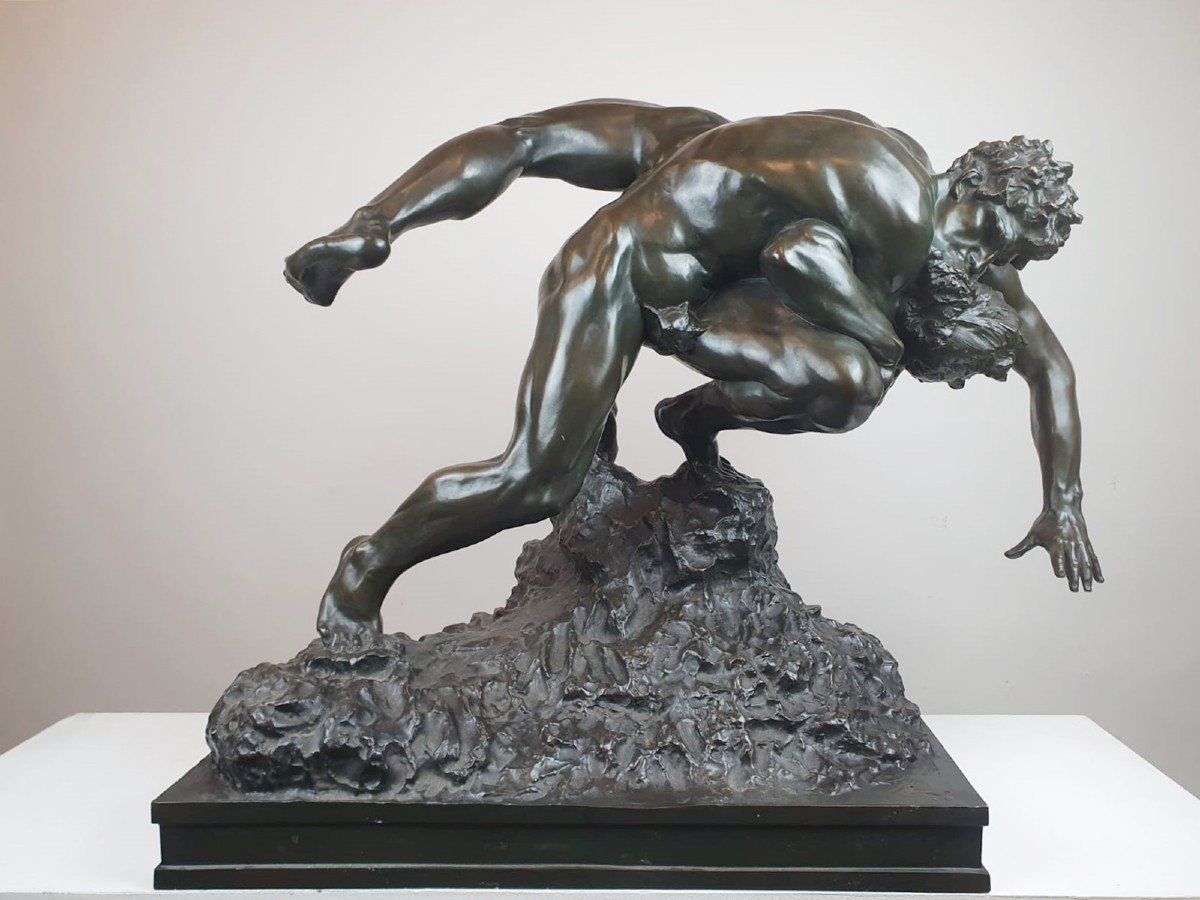 Jef Lambeaux, "the Wrestlers" Bronze With Green Patina, Signed And Mark Of The Founder Luppens