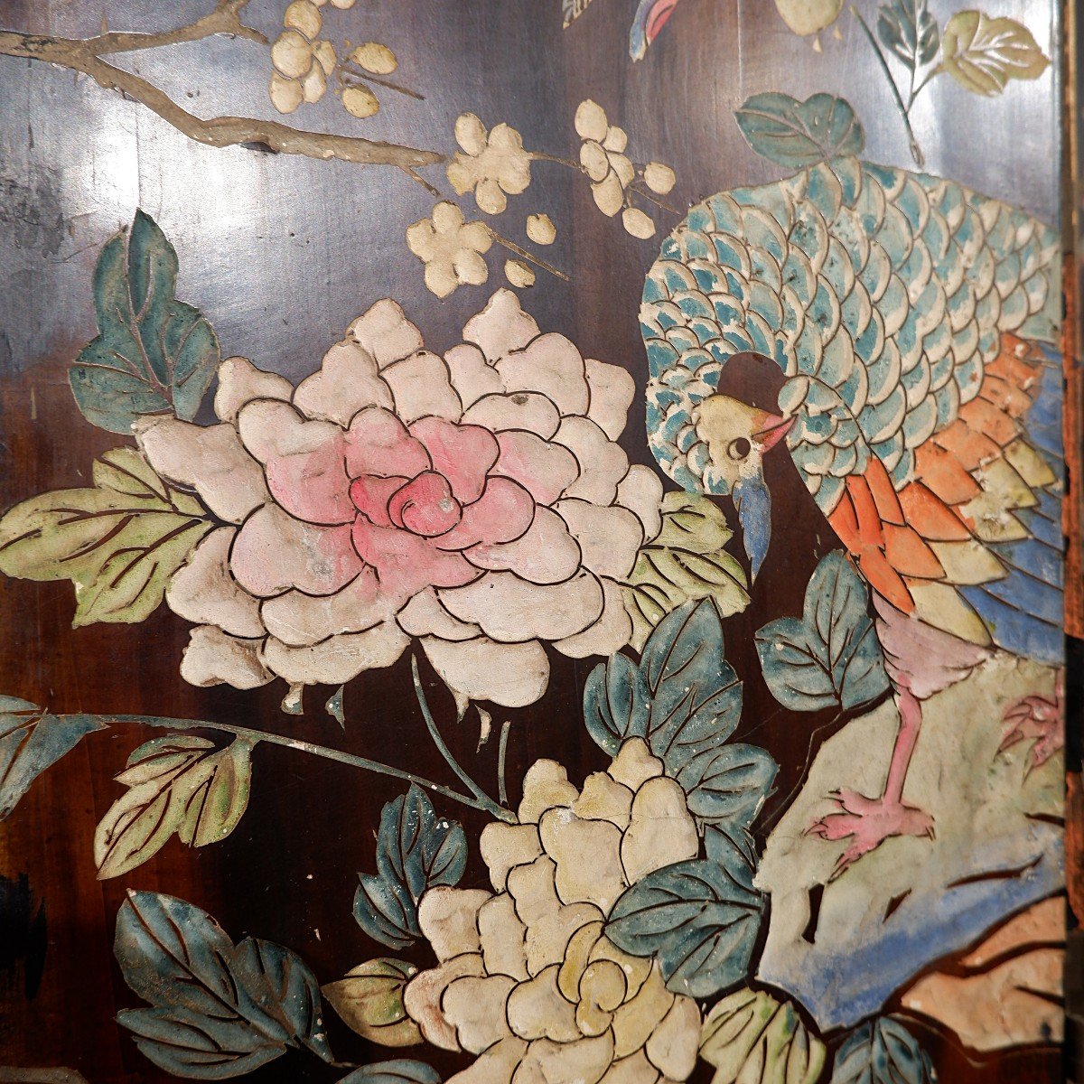 Chinese Screen In Engraved And Polychrome Wood With 5 Leaves-photo-2