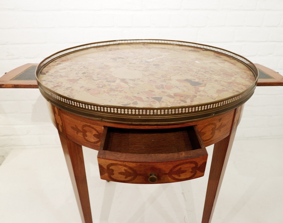 Louis XVI Style Pedestal Table In Marquetry And Marble -photo-6