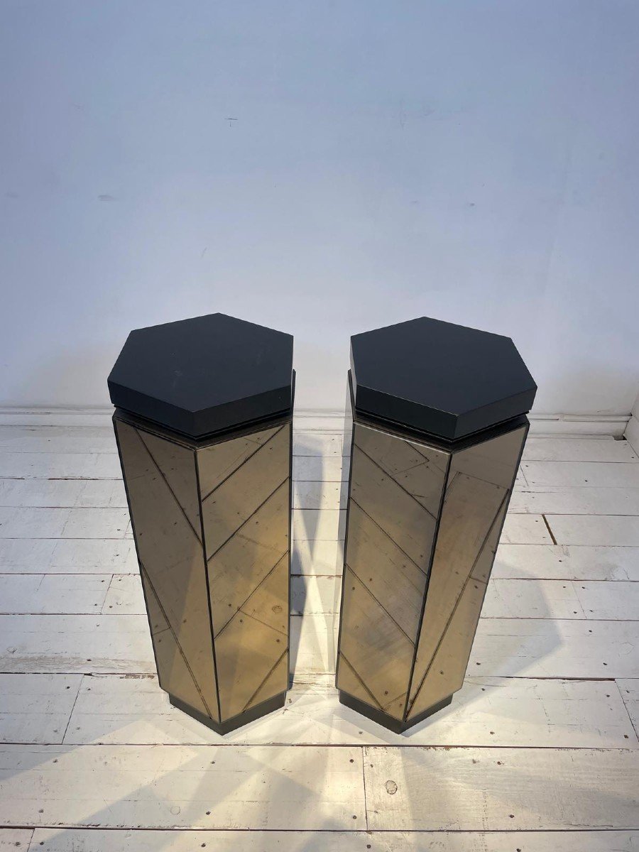 Pair Of Smoked Glass Mirror Columns, Black Lacquered Shelf 1970s-photo-3