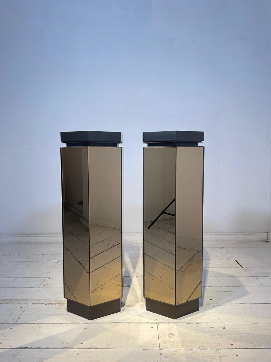 Pair Of Smoked Glass Mirror Columns, Black Lacquered Shelf 1970s-photo-4