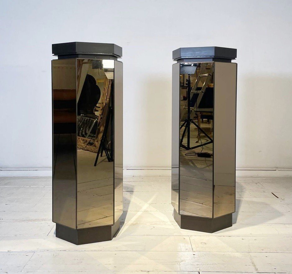 Pair Of Smoked Glass Mirror Columns, Black Lacquered Shelf 1970s