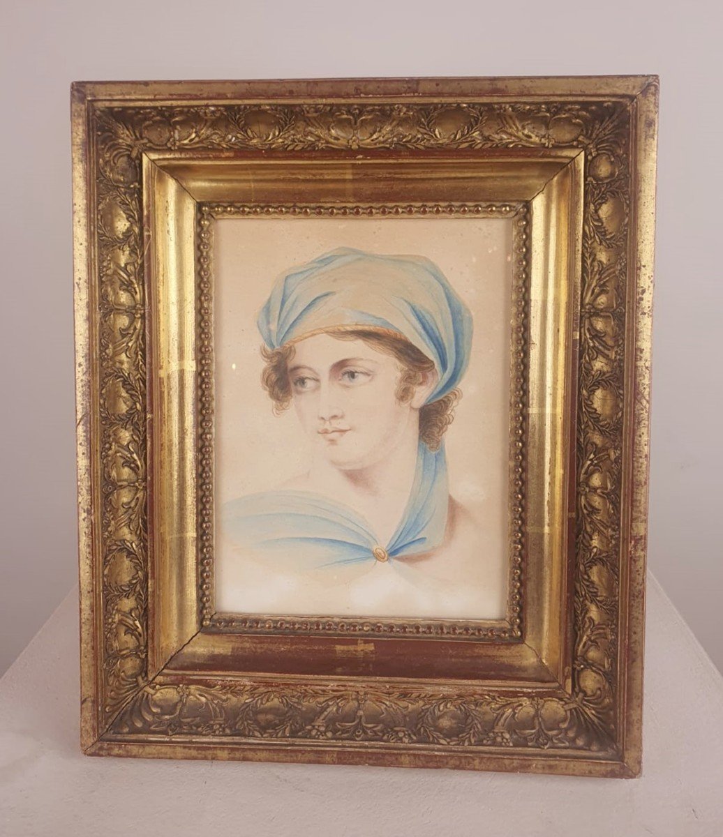 Watercolor "portrait Of A Young Girl" Empire Period