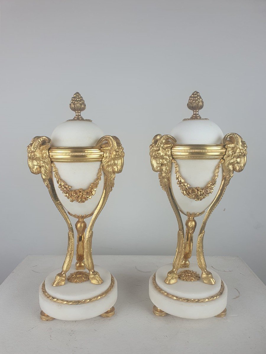 Pair Of Louis XVI Cassolettes Forming Candlestick, Gilt Bronze And Marble, 19th