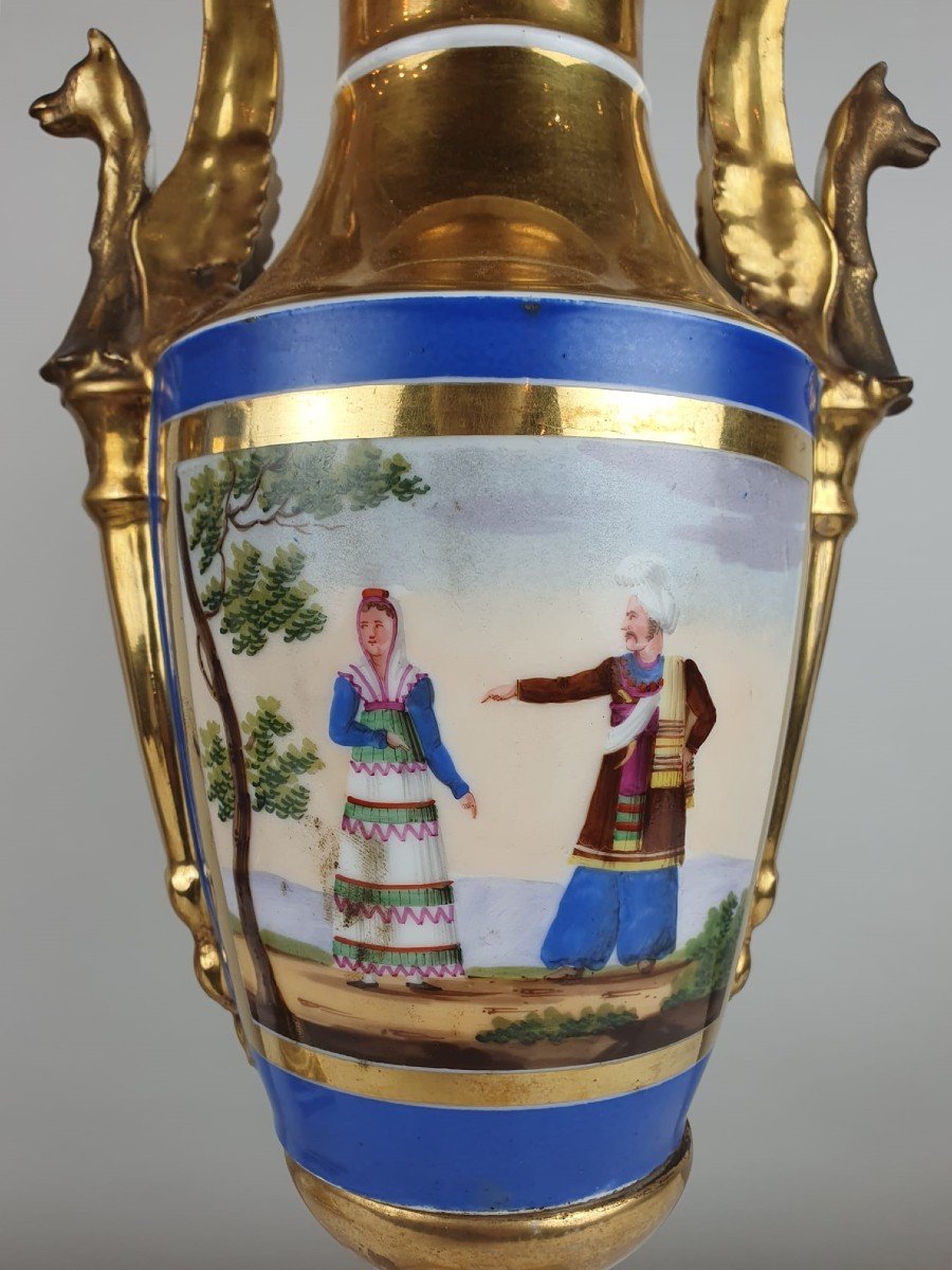 Paire De Vases Empire En Porcelaine Polychrome-photo-3