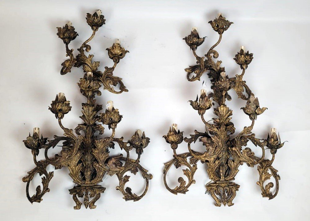 Pair Of Large Patinated Metal Sconces