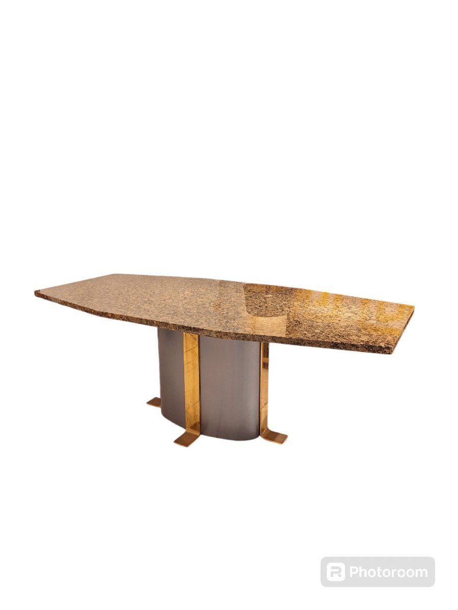 Dining Room Table Steel And Bronze Base, Granite Top 70s-80s-photo-1