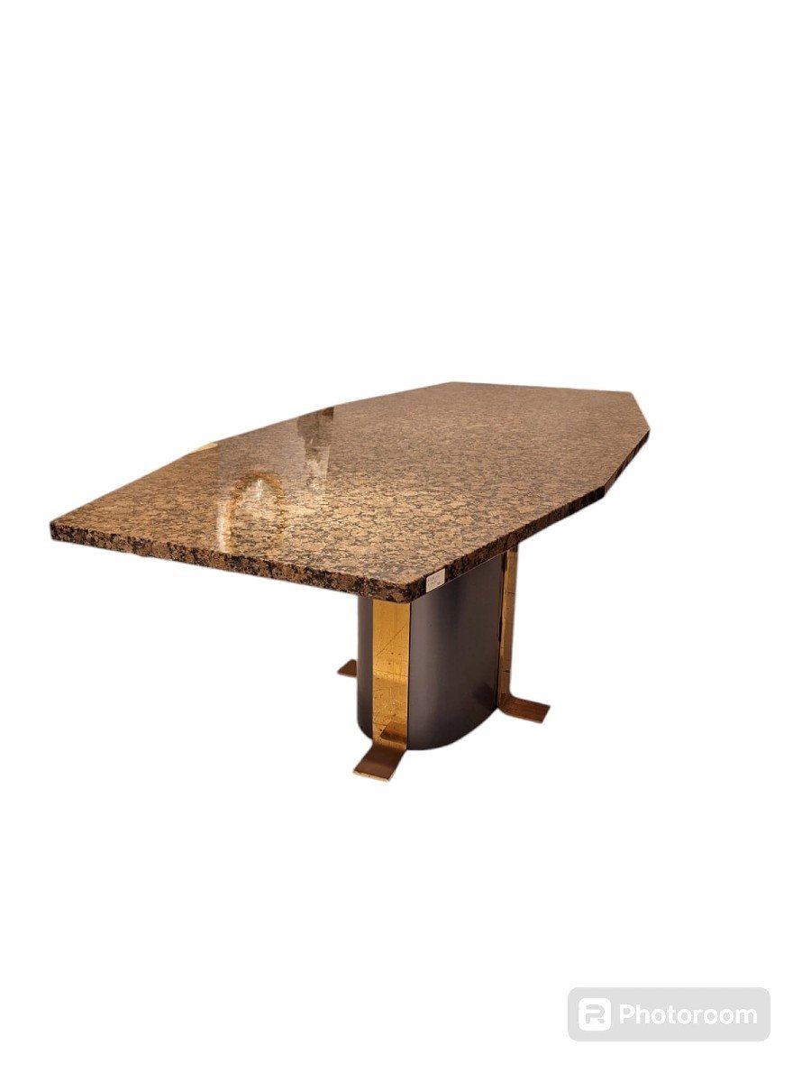 Table De Salle à Manger Piètement En Acier Et Bronze, Tablette En Granite Annees70-80