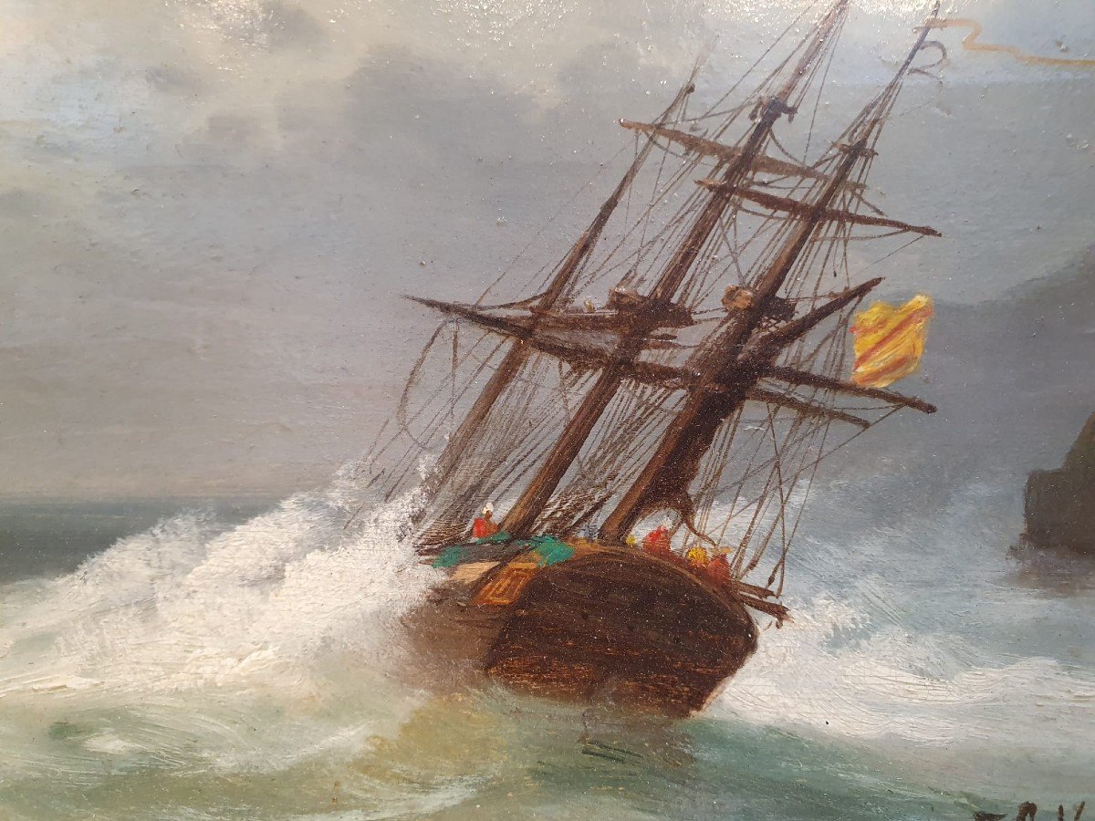 Emile Louis Vernier, école Française 1829 - 1887 Huile Sur Panneau "marine"-photo-3