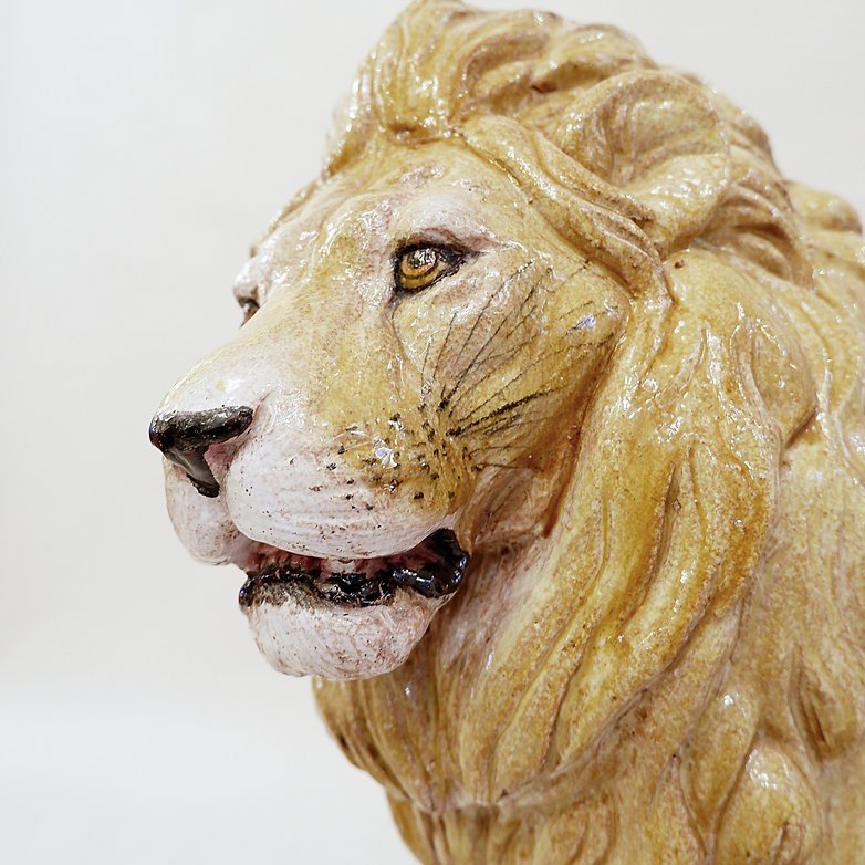 Vintage Glazed Terracotta Lion Sculpture, Italy, 1960s-photo-3