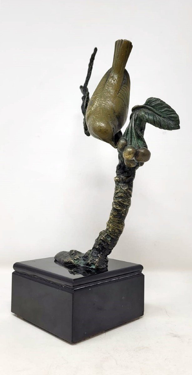 Rochard I. Double Patina Bronze Sculpture "bird Eating Cherries"-photo-2