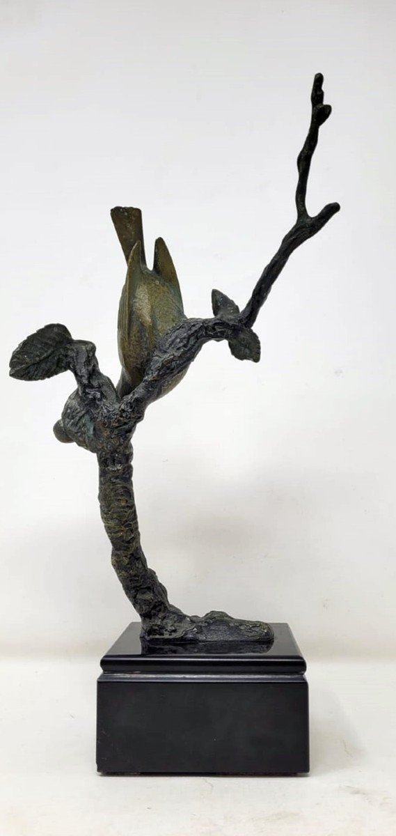 Rochard I. Double Patina Bronze Sculpture "bird Eating Cherries"-photo-3