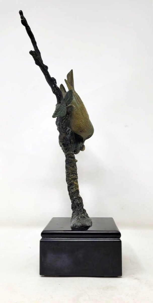 Rochard I. Double Patina Bronze Sculpture "bird Eating Cherries"-photo-4