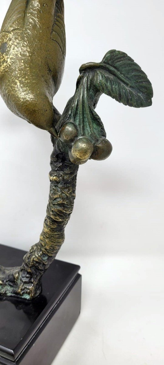 Rochard I. Double Patina Bronze Sculpture "bird Eating Cherries"-photo-2