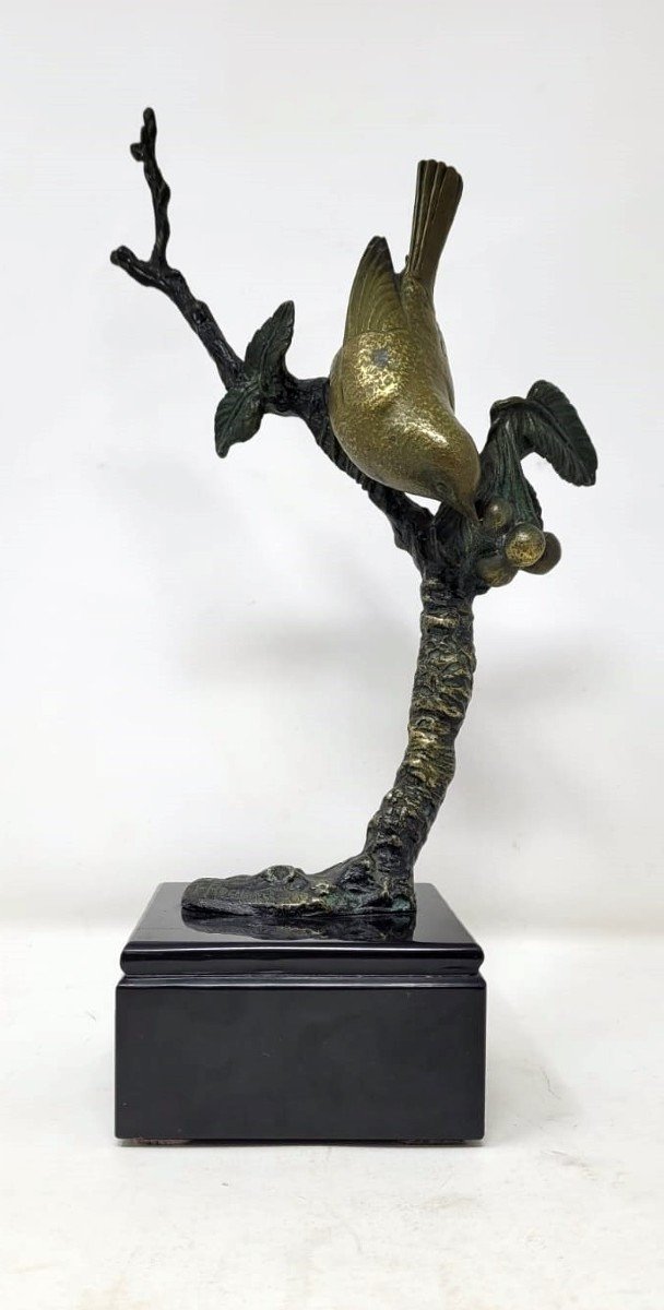 Rochard I. Double Patina Bronze Sculpture "bird Eating Cherries"-photo-4