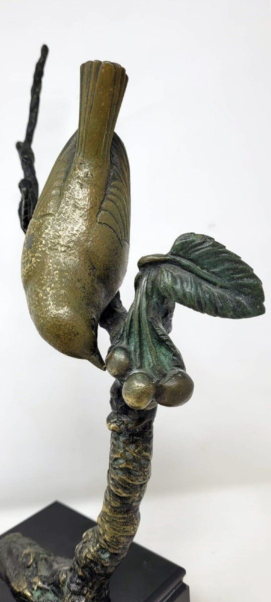 Rochard I. Double Patina Bronze Sculpture "bird Eating Cherries"