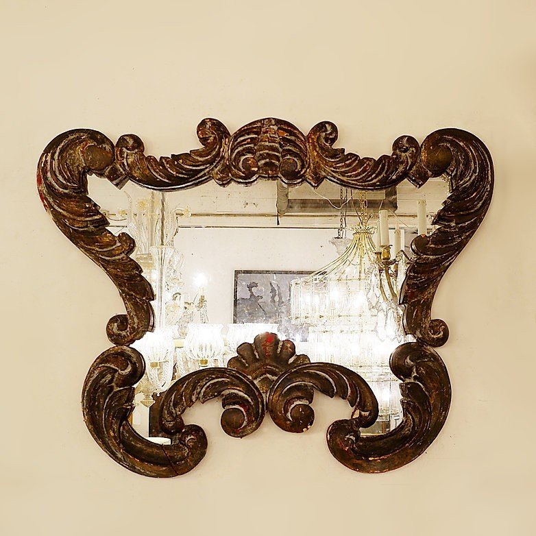 Baroque Mirror, Carved Wood, Patinated. -photo-3