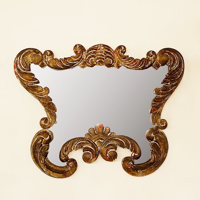 Baroque Mirror, Carved Wood, Patinated. 