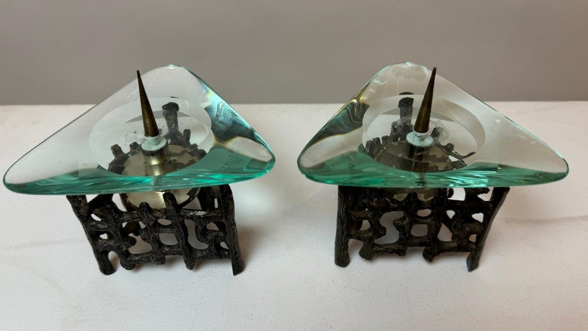 Pair Of Bronze And Glass Candlesticks -photo-2