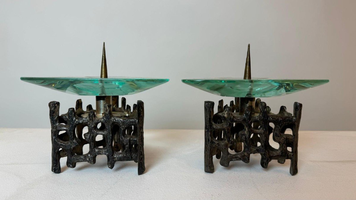 Pair Of Bronze And Glass Candlesticks 